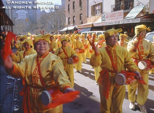 Chinese women beating drums during the Lunar New Year festival in Chinatown, New York
