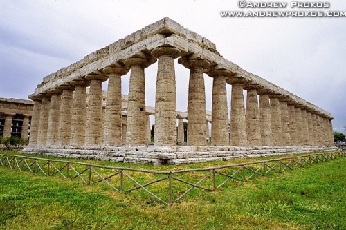 A view of the ancient Temple of Poseidon at Paestum, Italy. Framed fine art prints of this photo are available in various sizes. 