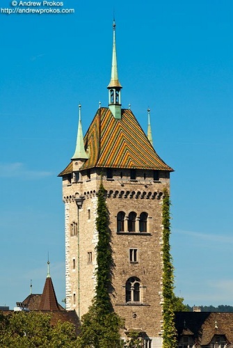 A view of the tower of the Swiss National Museum, Zurich Switzerland. Fine art prints of this photo are available framed in various styles. 