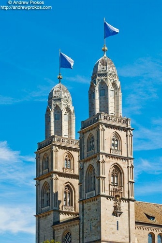 The towers of Grossmunster Cathedral, Zurich, Switzerland. Framed fine art prints of this photo are available in various sizes and styles.