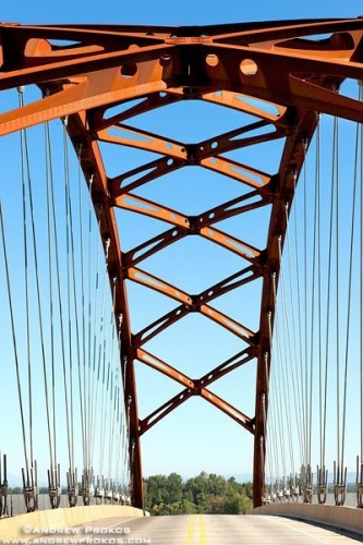 A view of the tied-arch construction and cables of Sauvie Island Bridge. Portland, Oregon