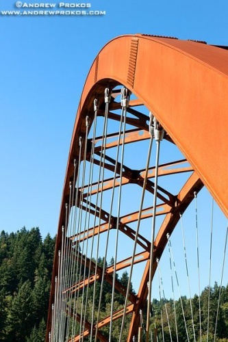 A view of the main arch and cables of Sauvie Island Bridge near Portland, Oregon