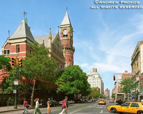 A view of Sixth Avenue and the Jefferson Market Library in Greenwich Village, New York City