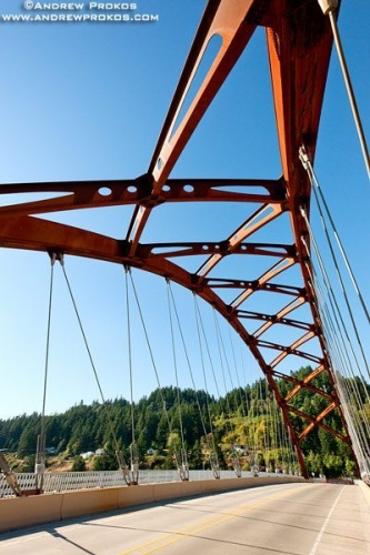 A view of the Sauvie Island Bridge's tied-arch structure from the bridge's deck. Portland, Oregon