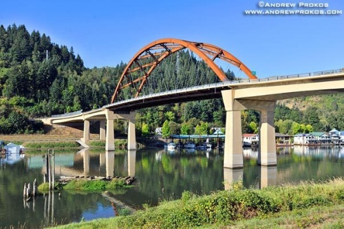 A view of the Sauvie Island Bridge spanning the Multnomah Channel of the Willamette River, near Portland, Oregon