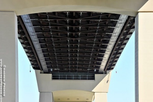 A view of the underside of the Sauvie Island Bridge deck in Portland, Oregon
