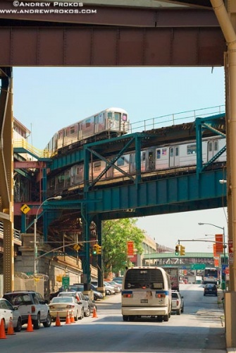 A bi-level subway train overpass in Long Island City, New York