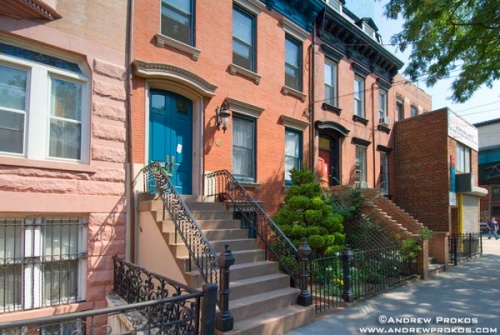 A block of brownstones along 45th Road in Long Island City, Queens.