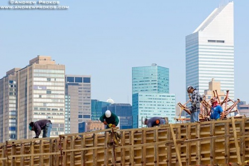 Construction workers working at a site at Hunter's Point, Long Island City, Queens