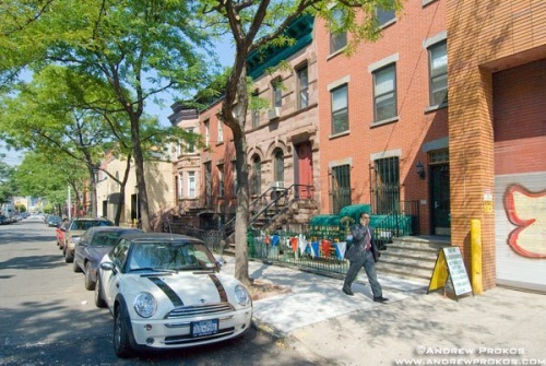 A block of brownstones along 45th Road in Long Island City, Queens.