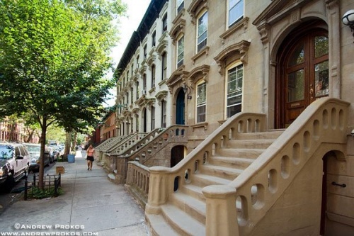 A block of brownstones in Long Island City, Queens.