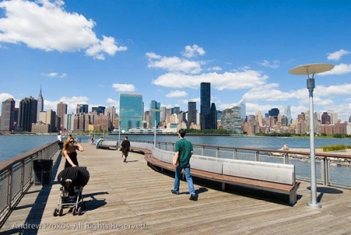 A pier with views of Manhattan at Gantry Plaza State Park, in Hunter's Point, Long Island City, Queens. 