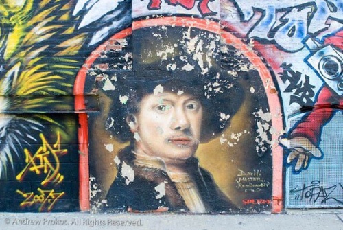 An urban street mural showing the painter Rembrandt, NYC. Framed fine art prints of this photo are available in various sizes.