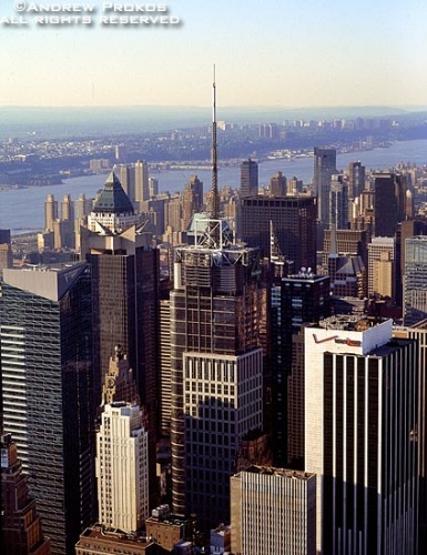 An aerial view of the skyscrapers in the Times Square area, including the Conde Nast Building (4 Times Square), New York City