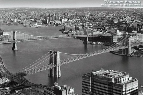 An aerial view of the Brooklyn Bridge in black and white, New York City