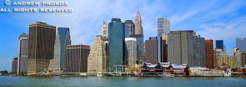 A panoramic skyline of Lower Manhattan as seen from Brooklyn, New York City