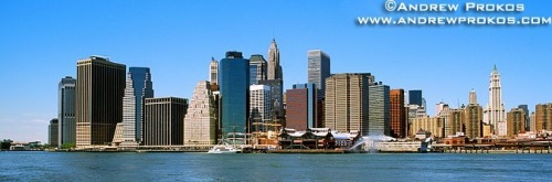 A panoramic skyline of Lower Manhattan as seen from Brooklyn, New York City
