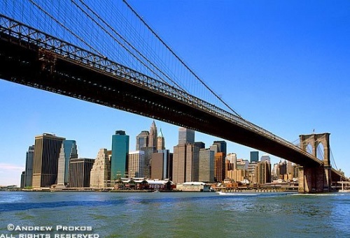 A view of Lower Manhattan under the span of the Brooklyn Bridge, New York City