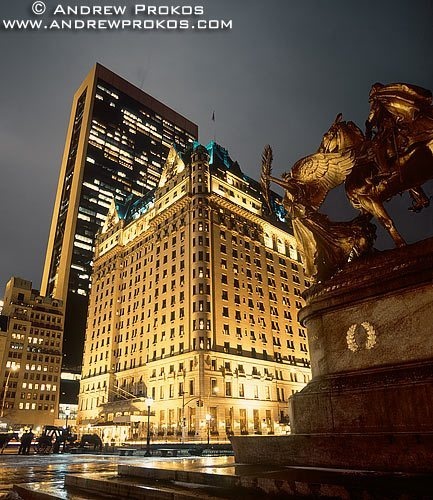 A view of Grand Army Plaza and the Plaza Hotel at night, New York City