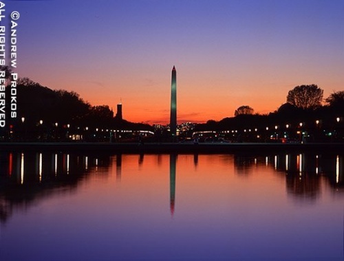 A view of the Washington Monument reflected in the Reflecting Pool at dusk, Washington D.C.
