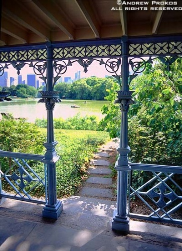 A photo of the Victorian cast iron gazebo in Central Park in Summer