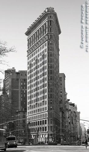 A view of the Flatiron Building from Fifth Avenue in black and white, New York City. Framed fine art prints of this photo are available in various sizes. 