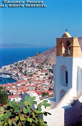 A view of the island of Hydra with church campanile, Greece