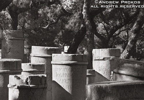 Stelae (grave markers) inscribed in Classical Greek in the ancient Keramikos Cemetery, Athens, Greece