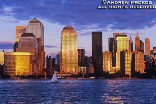 A view of Lower Manhattan and World Financial Center skyscrapers from New Jersey at sunset