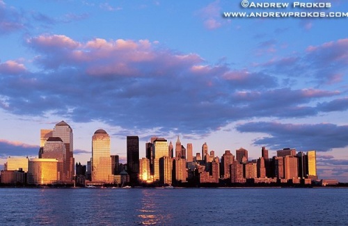 A view of Lower Manhattan from Jersey City, New Jersey at sunset