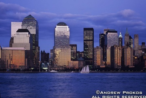 Skyline of Lower Manhattan and the World Financial Center from New Jersey at Dusk