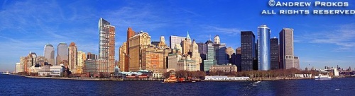 A panorama of Lower Manhattan as seen from from New York Harbor during the day
