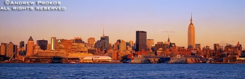 A panorama of the New York skyline as seen from Hoboken, New Jersey at sunset