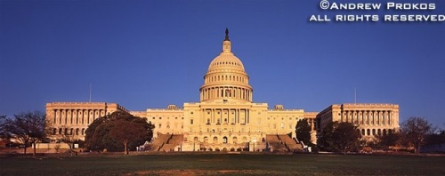 A panorama of the United States Capitol Building's West Front at sunset, Washington D.C.