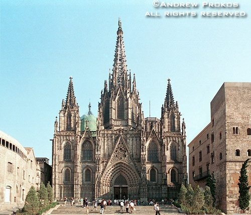 A wide angle view of Barcelona's gothic cathedral, Barcelona, Spain