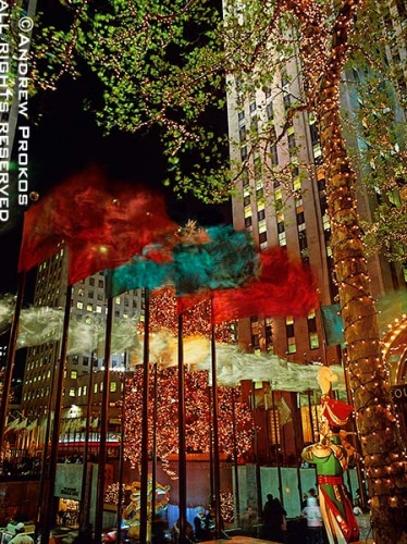 A night photo of Rockefeller Center's famous Christmas lights and decorations, New York City