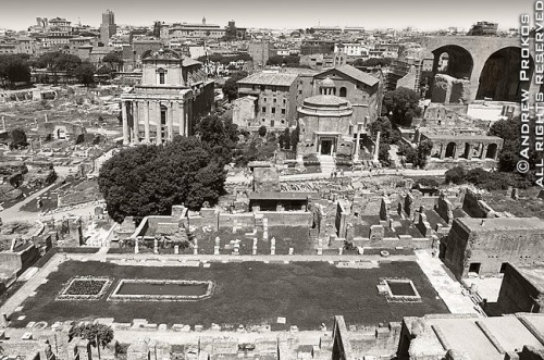 A wide angle view of the ancient Roman Forum in black and white, Rome, Italy