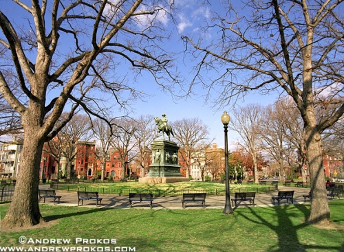 A wide angle view of Logan Circle in winter, Washington DC
