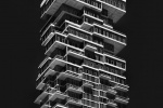 A large-format black and white architectural photo of 56 Leonard tower, Tribeca, Manhattan, New York City
