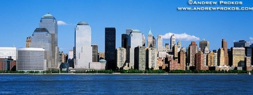 The skyline of Lower Manhattan, the Hudson River, and the towers of the World Financial Center as seen from New Jersey