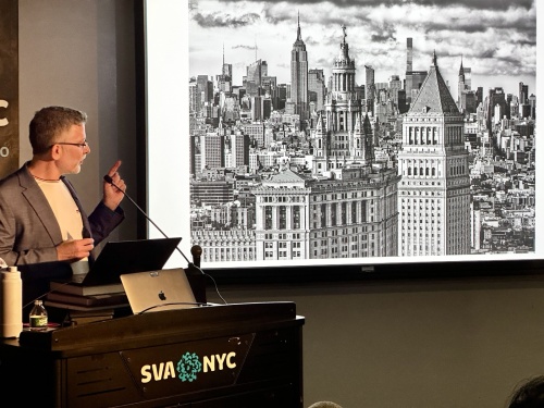 Photographer Andrew Prokos presents a lecture to the graduate studies department at School of Visual Arts, New York City