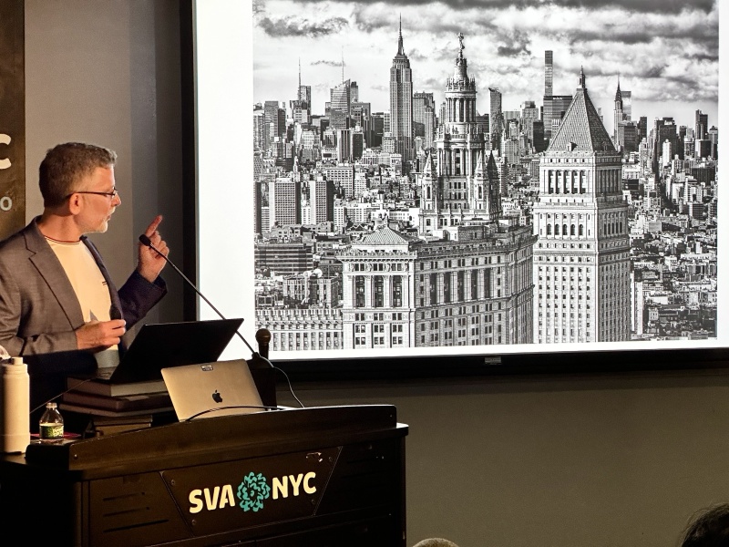 Photographer Andrew Prokos presents a lecture to the graduate studies department at School of Visual Arts, New York City