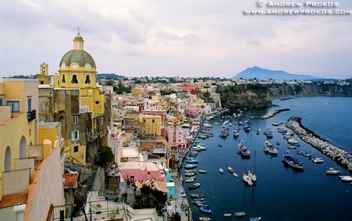 A view of the port of Corricella on the island of Procida in the Bay of Naples, Italy. Fine art prints of this photo are available framed in various styles, please inquire. 