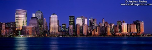 A panorama of Lower Manhattan at dusk as seen from New Jersey