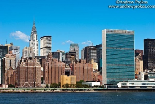 A view of East Midtown Manhattan with the United Nations, Chrysler Building, and Met Life Building, New York City