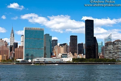 A view of the United Nations, the Chrysler building, and Trump World Tower, New York City