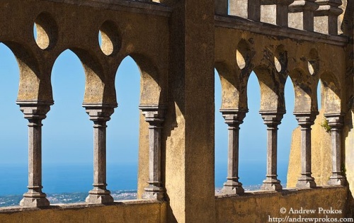 Moorish-style arches from the courtyard of the Palacio da Pena in Sintra, Portugal