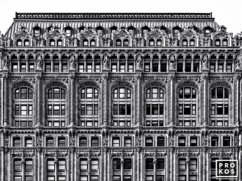 A fine art architectural photo of the ornate facade of 90 West Street in black and white, Manhattan, NYC