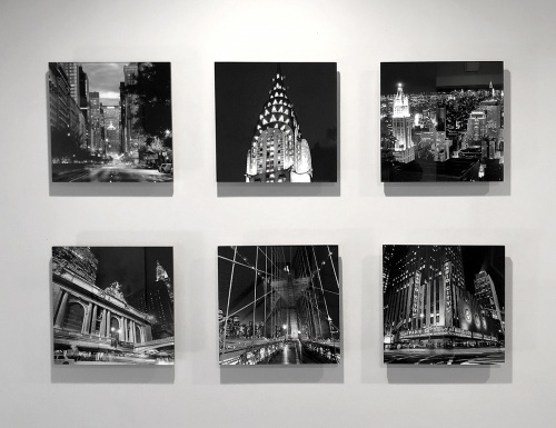A set of six black and white New York City view photos with acrylic float mounts by photographer Andrew Prokos.