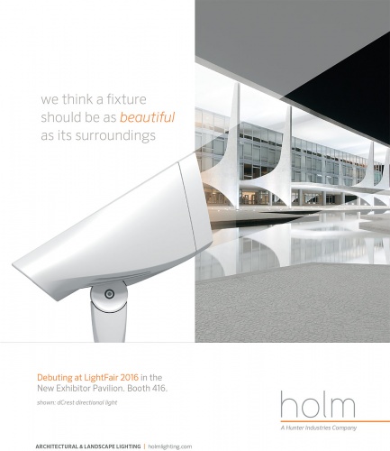 An advertisement for Holm Lighting features Andrew Prokos's architectural photography of Brasilia, Brazil.